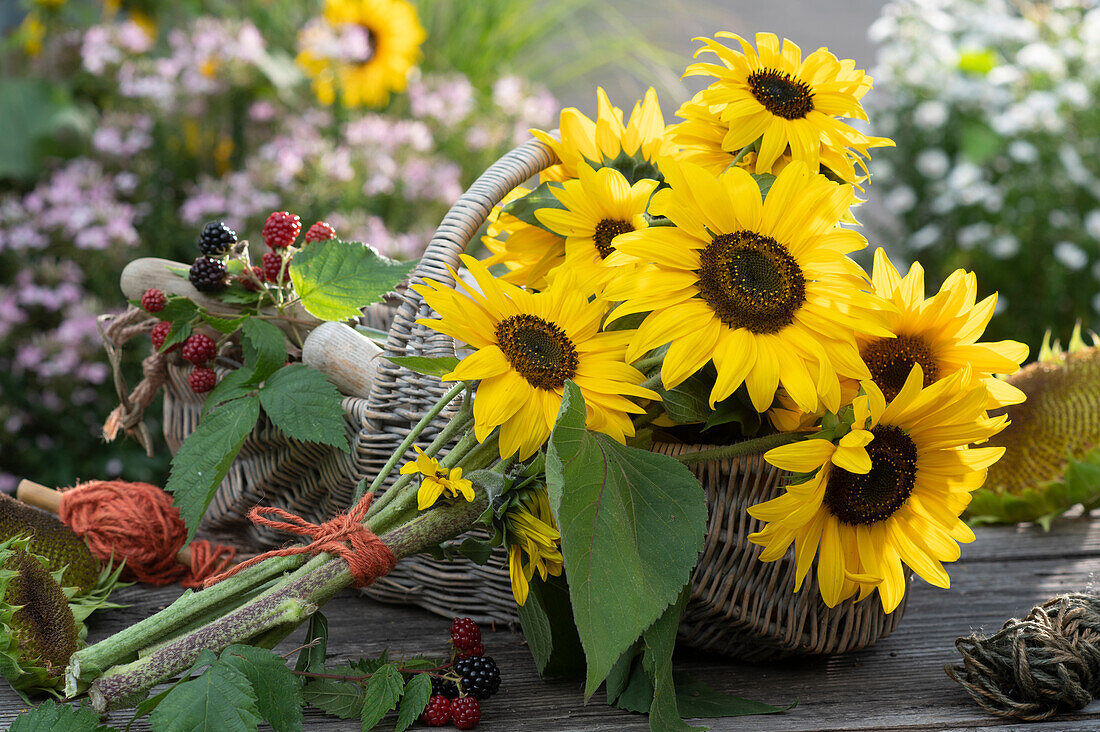 Bouquet of sunflowers and branches of ripe and unripe blackberries lying on table