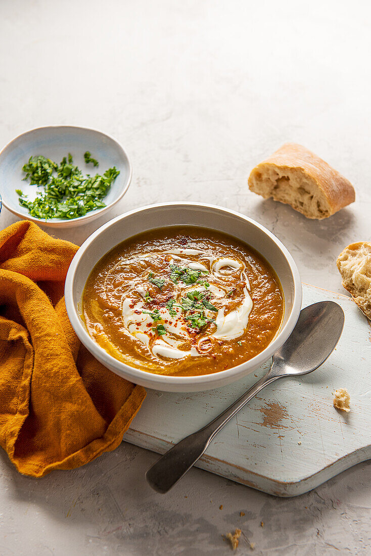 Roasted butternut squash soupn with coriander and sour cream