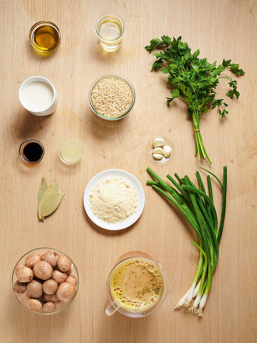 Ingredients for mushroom risotto with whole grain rice