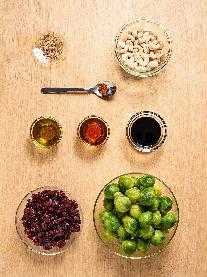 Ingredients for roasted Brussels sprouts with cranberries and cashew nuts