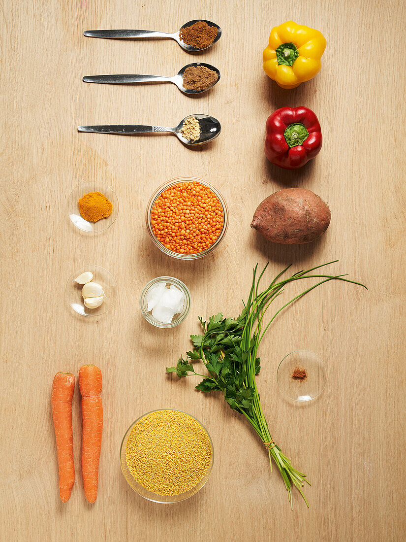 Ingredients for Indian kitchari with lentils and millet
