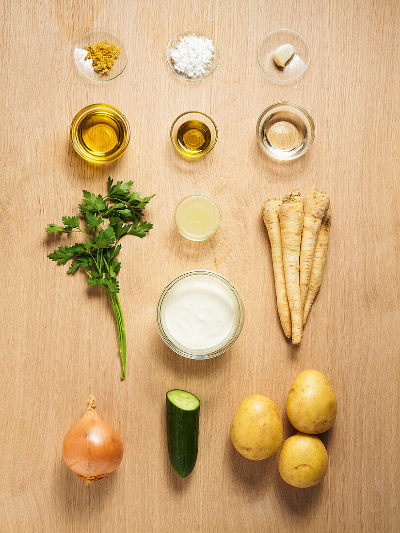 Ingredients for potato and parsley root hash browns