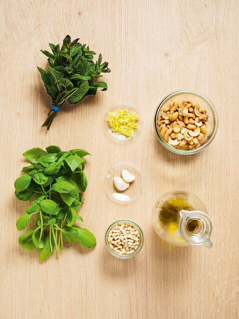 Ingredients for mint and basil pesto