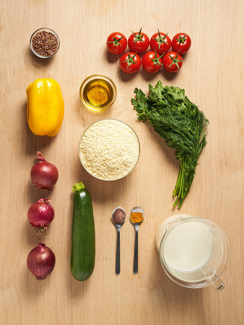 Ingredients for a vegan omelette with colourful vegetables