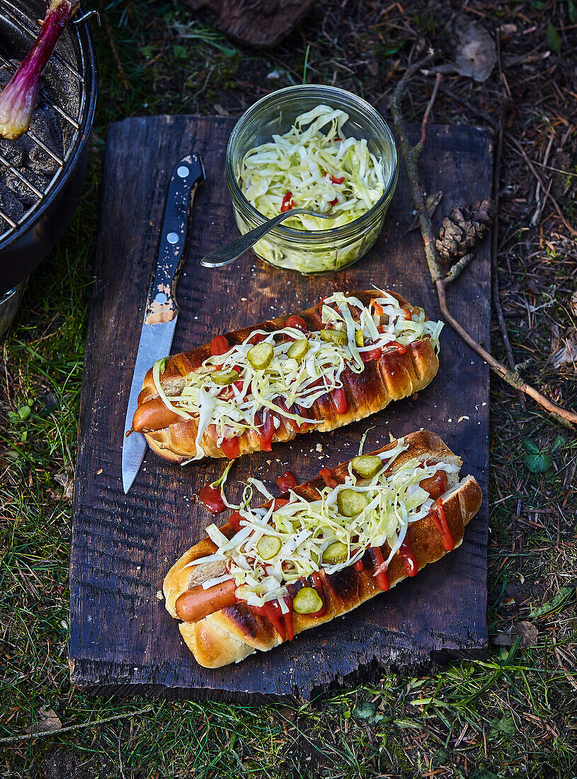 Hot dog with spicy white cabbage
