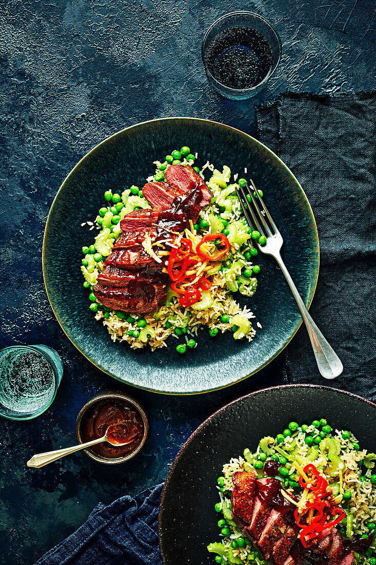 Sticky hoisin duck with duck fat fried rice