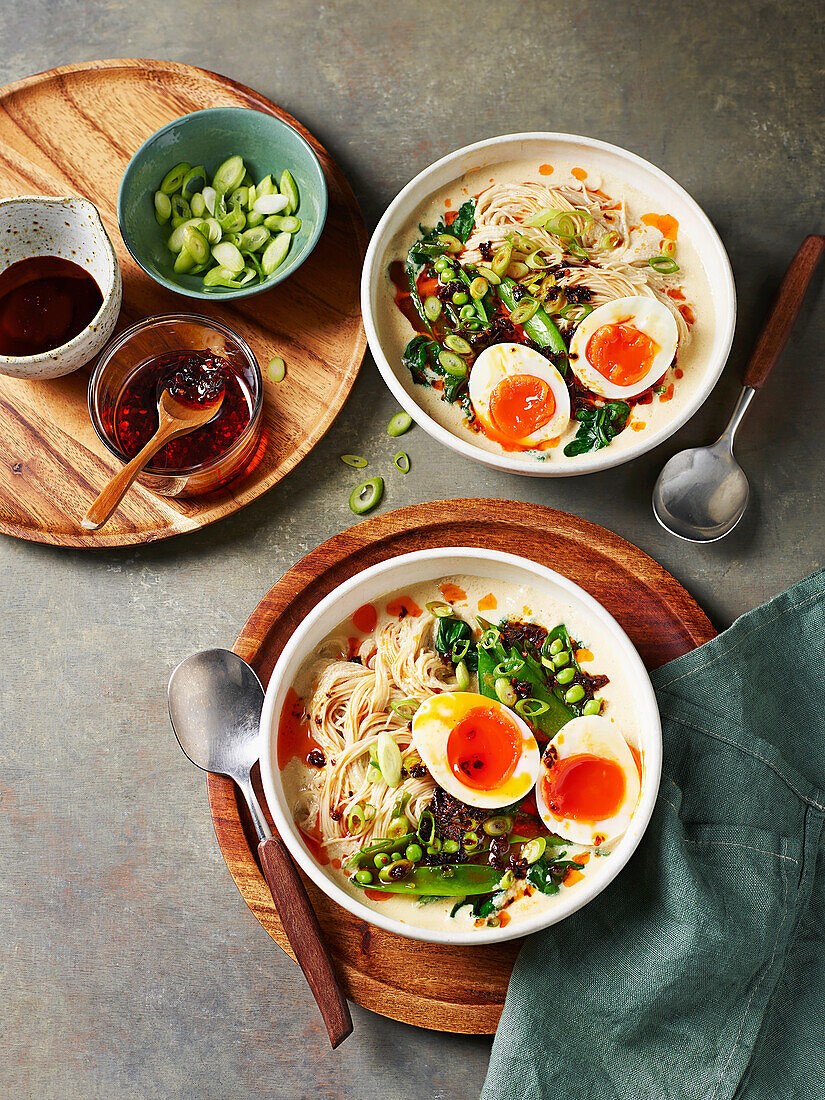 Creamy miso tofu soup with a jammy egg