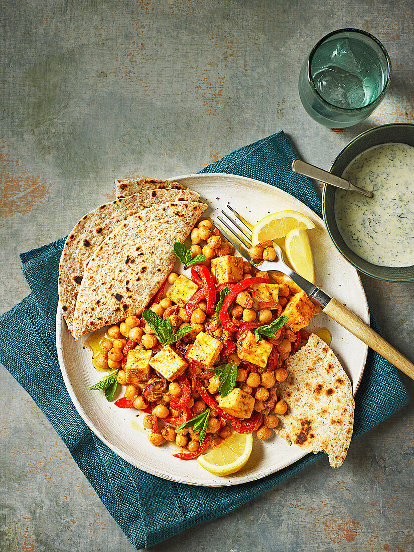Quick chickpea curry with paneer and unleavened bread (India)