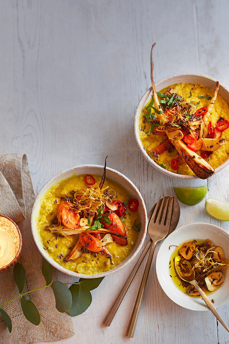 Dhal mit gebratenen Karotten und Pastinaken (Indien)