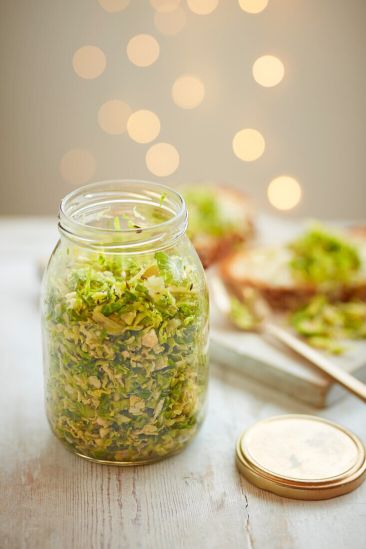 Preserved Brussels sprout salad in a screw-top jar