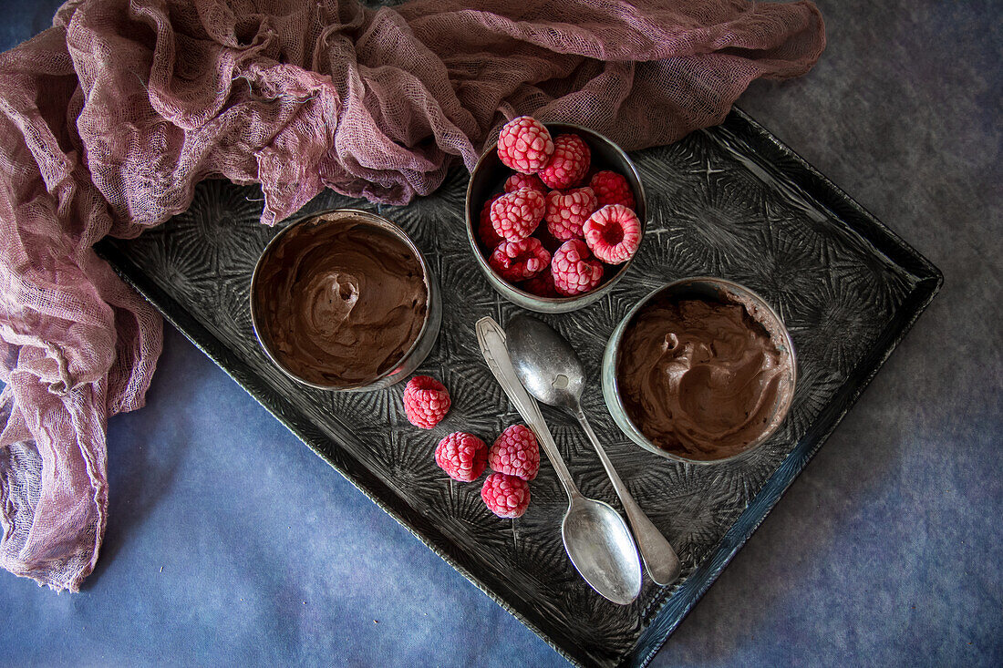 Frozen chocolate mousse with frozen raspberries
