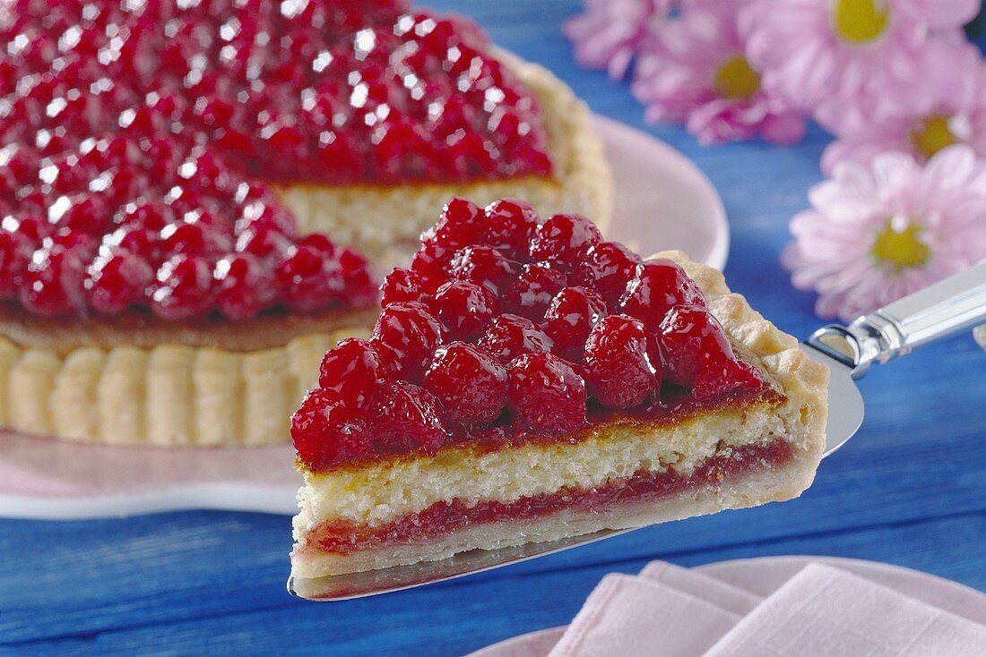 Raspberry gateau, piece cut, one piece on cake slice