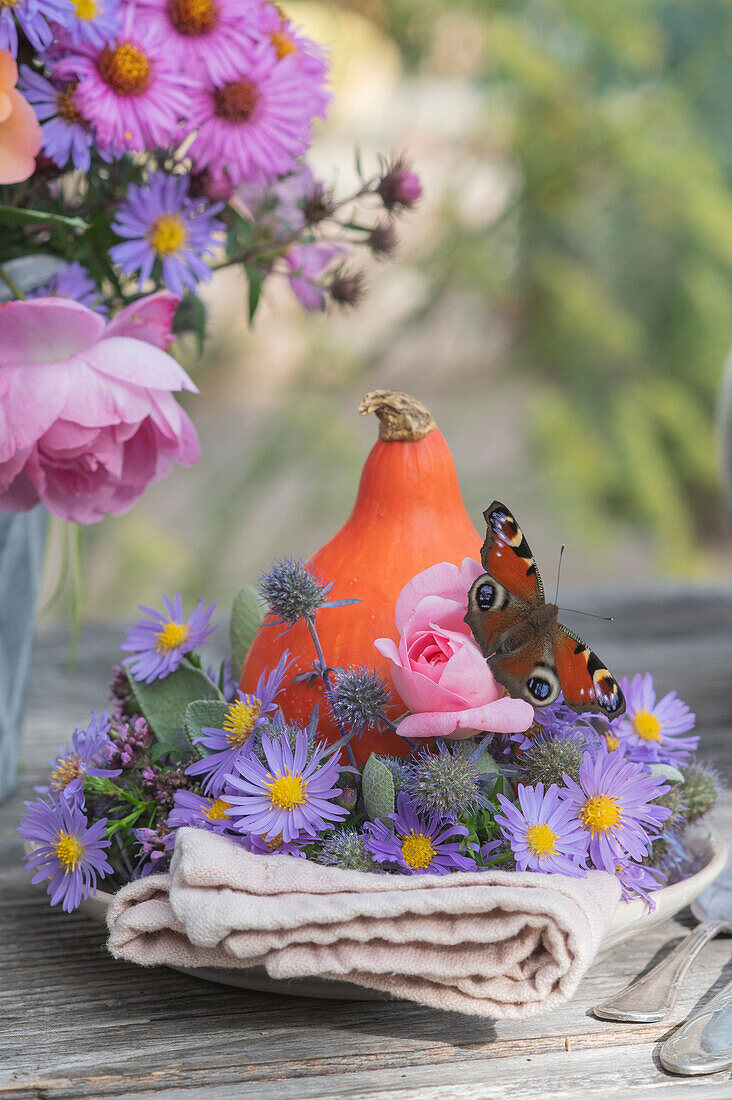 Hokkaido pumpkin in a wreath of autumn asters and man litter with rose blossom, peacock's eye