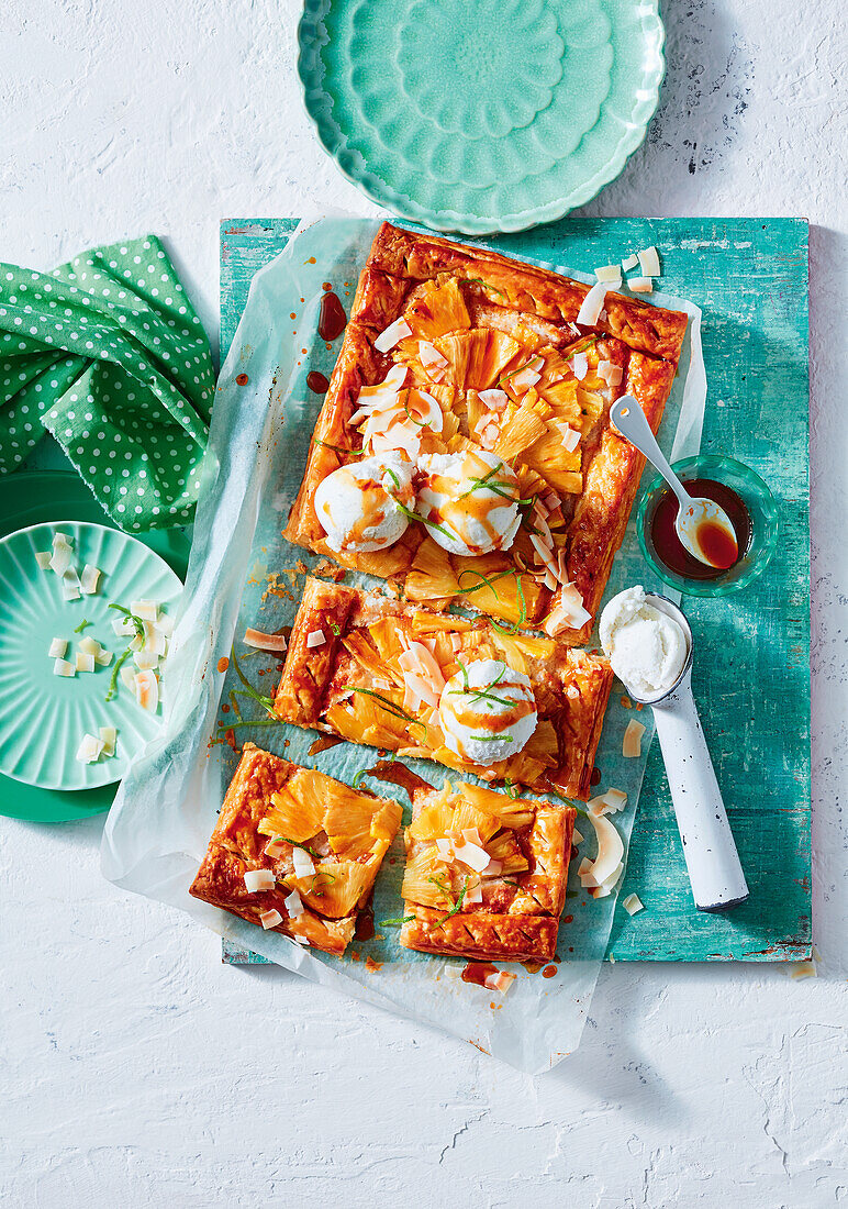 Pineapple and coconut tart with lime syrup