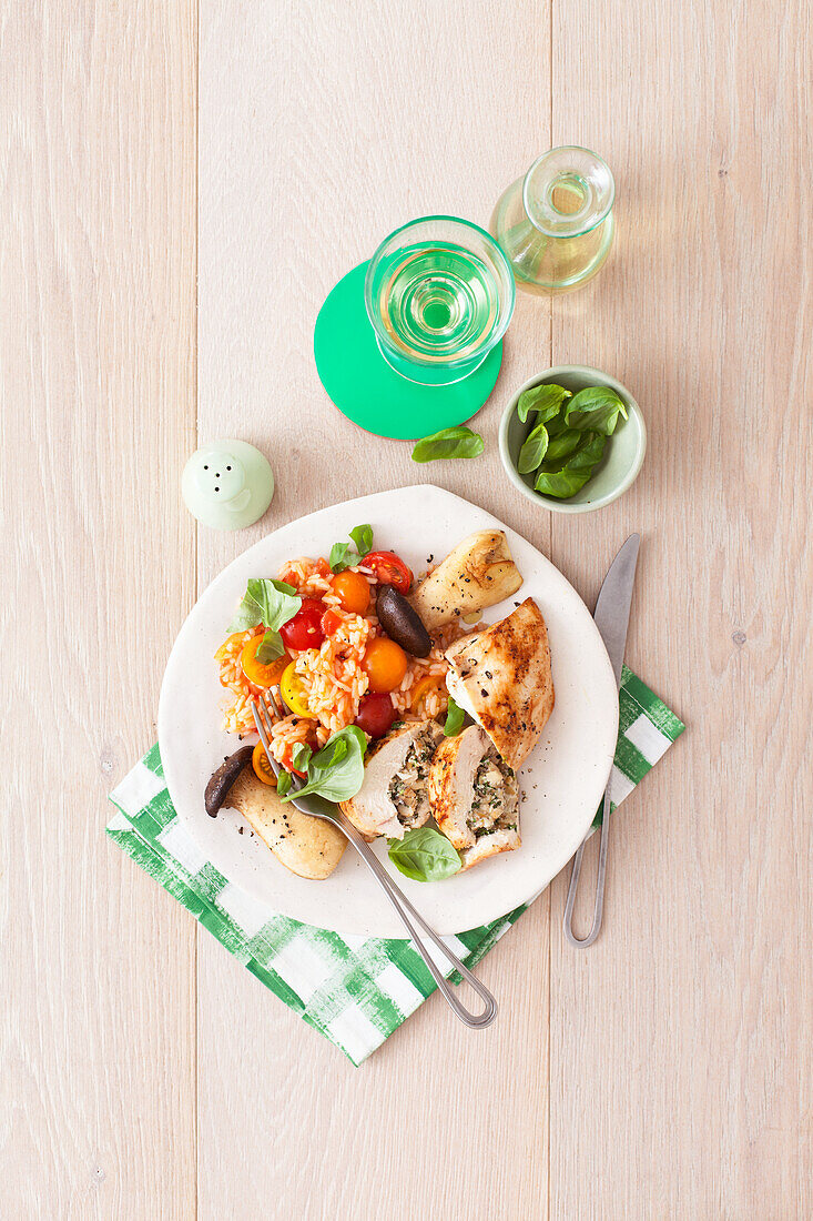 Chicken with mushroom stuffing and tomato rice