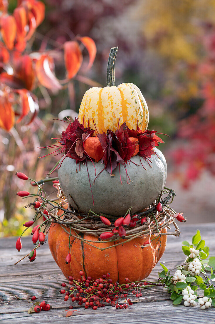 Pumpkin tower as table decoration: Pumpkins 'Sunny-Hokkaido', 'Hungarian Blue' and 'Sweet Dumpling' with wreaths of rose hips, leaves and lanterns placed on top of each other, branches with rose hips and snowberries