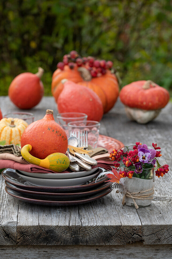 Pumpkin table decoration with pumpkins as place cards, small bouquet of peony fruit stands and horned violets