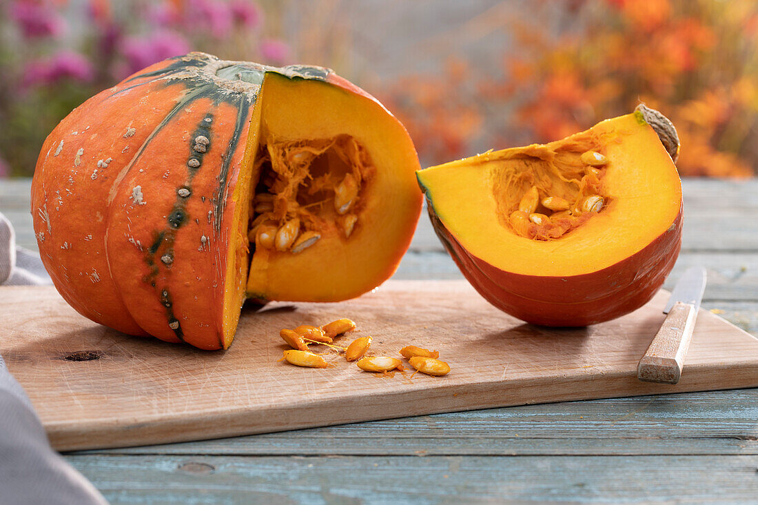 Pumpkin 'Sunny Hokkaido' cut on wooden board