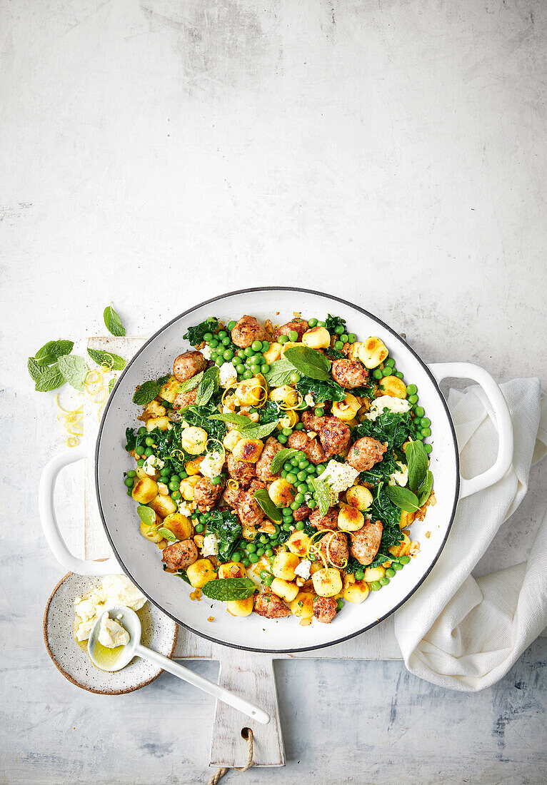 Gnocchi with cheat’s meatballs, pea and mint