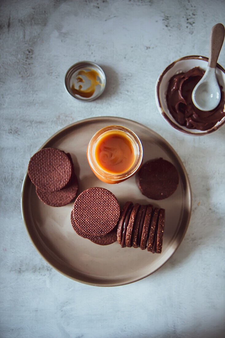 Shortbread biscuits with chocolate and caramel