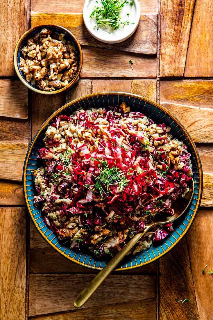 Rolled barley risotto with radicchio, walnuts and pumpkin seed oil