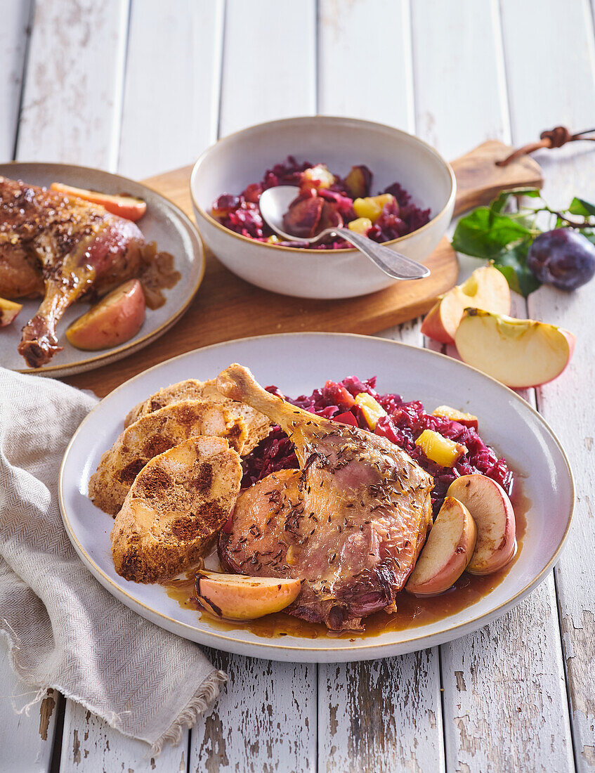 Duck with red cabbage and plums