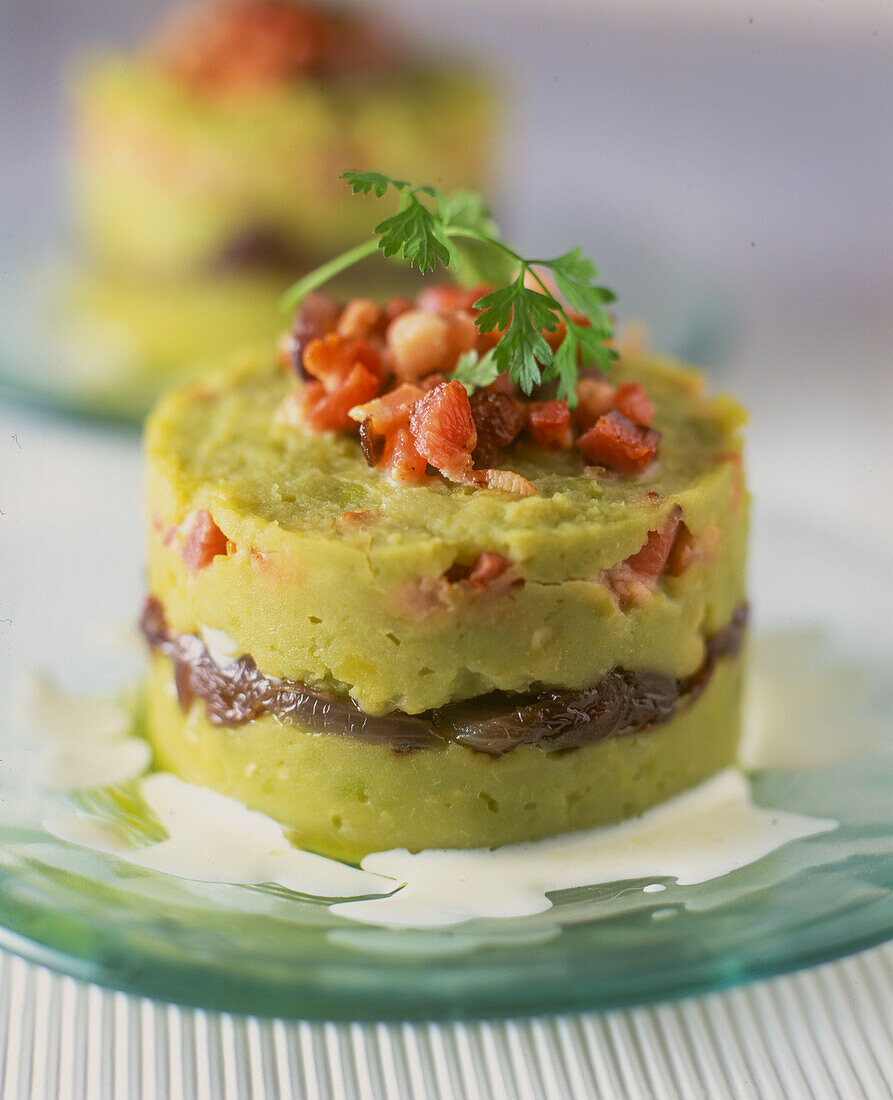 Pea and shallot terrine with bacon