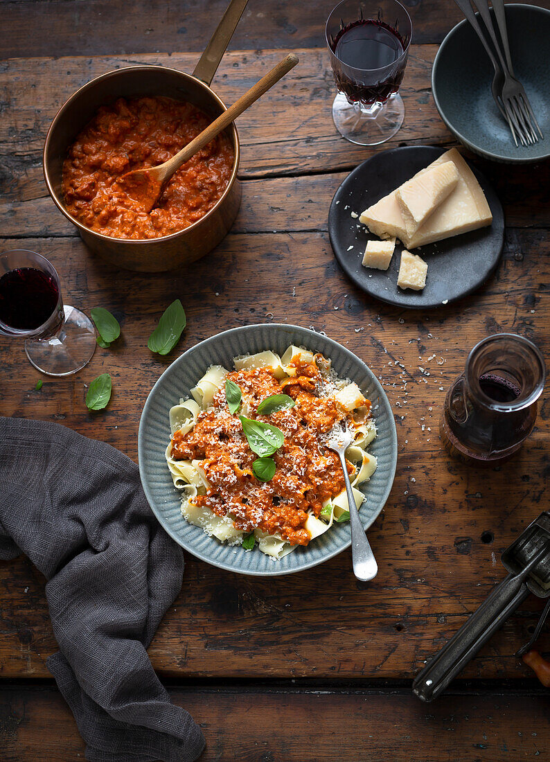 Tagliatelle with Bolognese sauce and Parmesan cheese