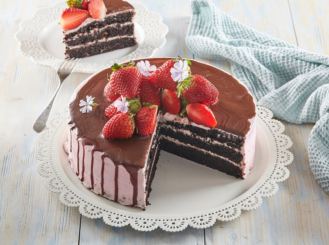 Chocolate cake with strawberry cream