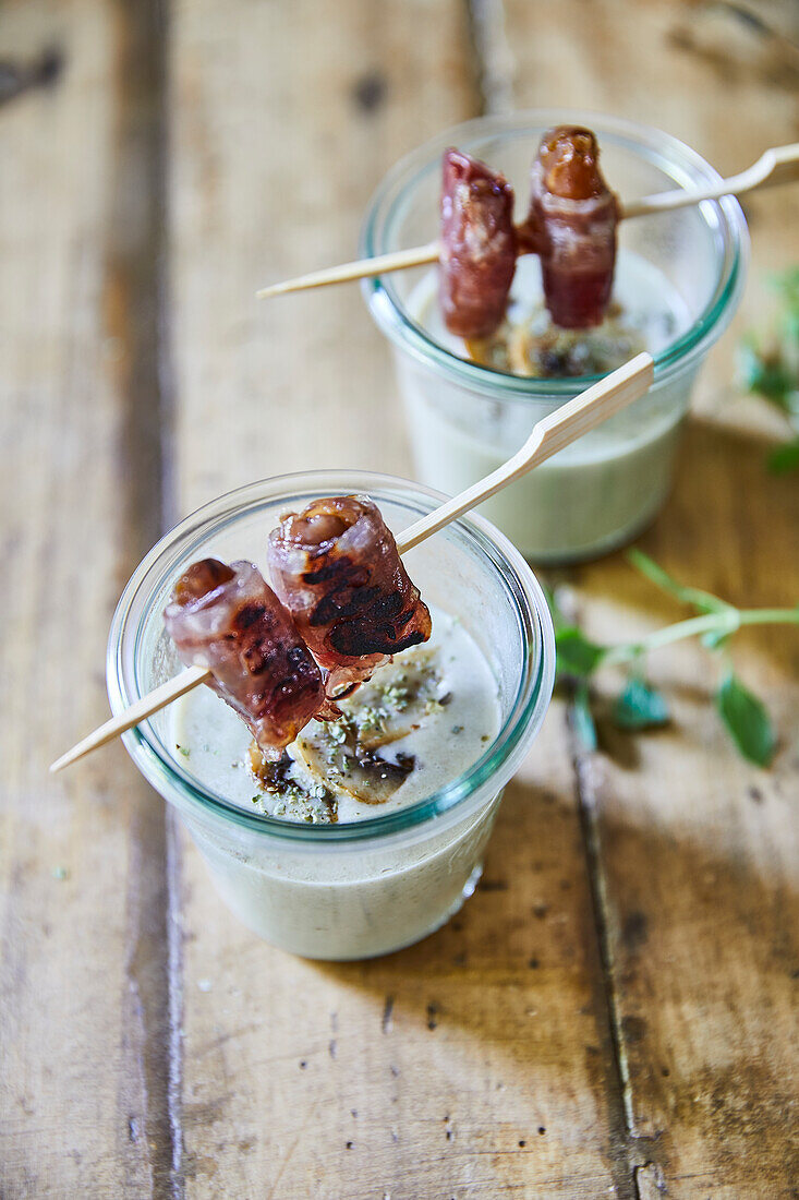 Mushroom soup with bacon wrapped dates