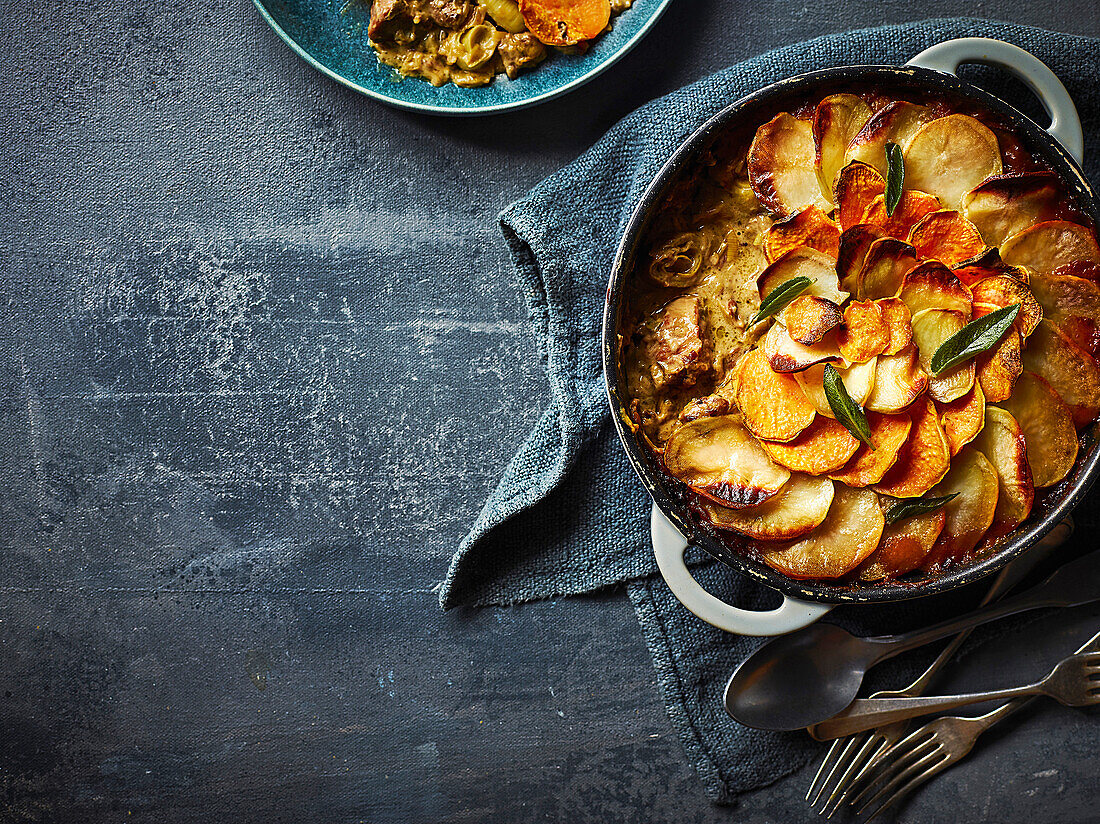 Slow-cooked pork, cider and sage hotpot