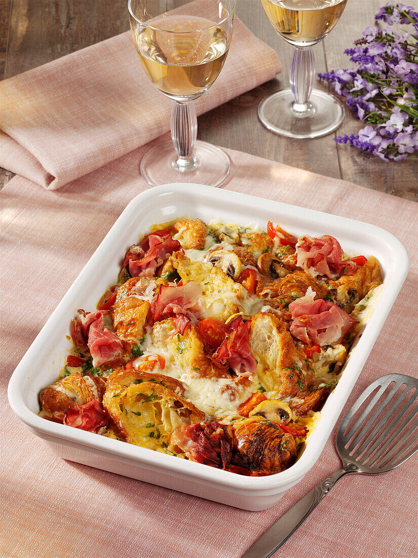 Croissant casserole with ham and mushrooms