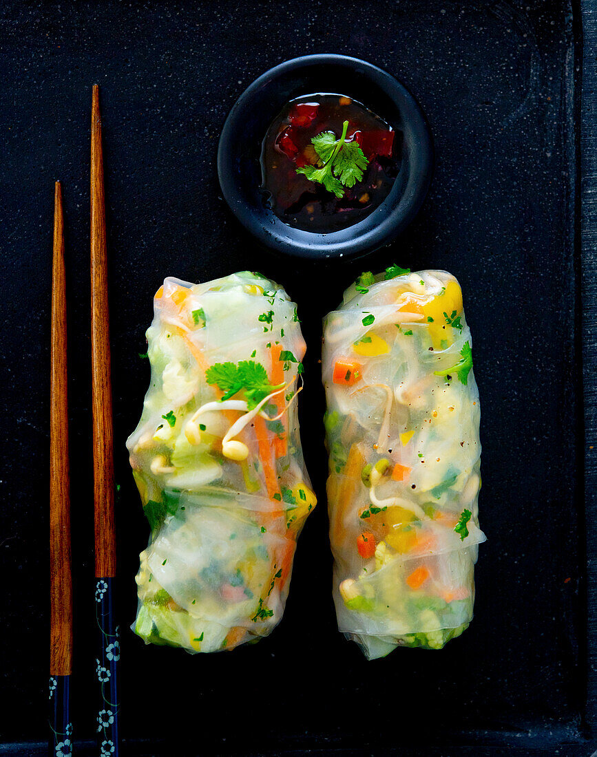Vegetarian summer rolls with a chilli-and-coriander sauce