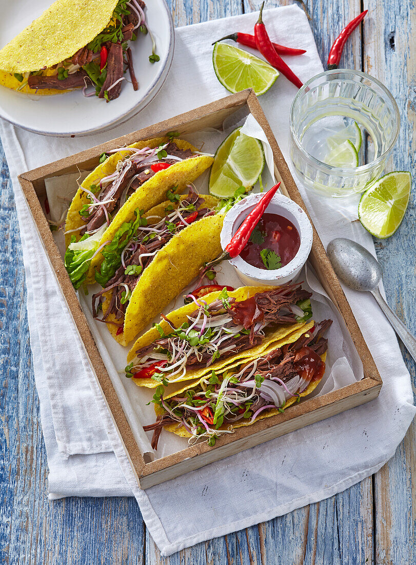 Pulled beef tacos with a chilli dip