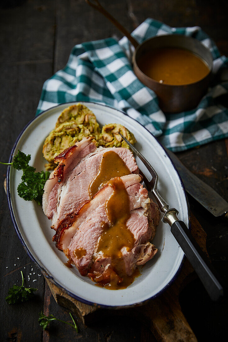 Crispy roast pork with pretzel dumplings