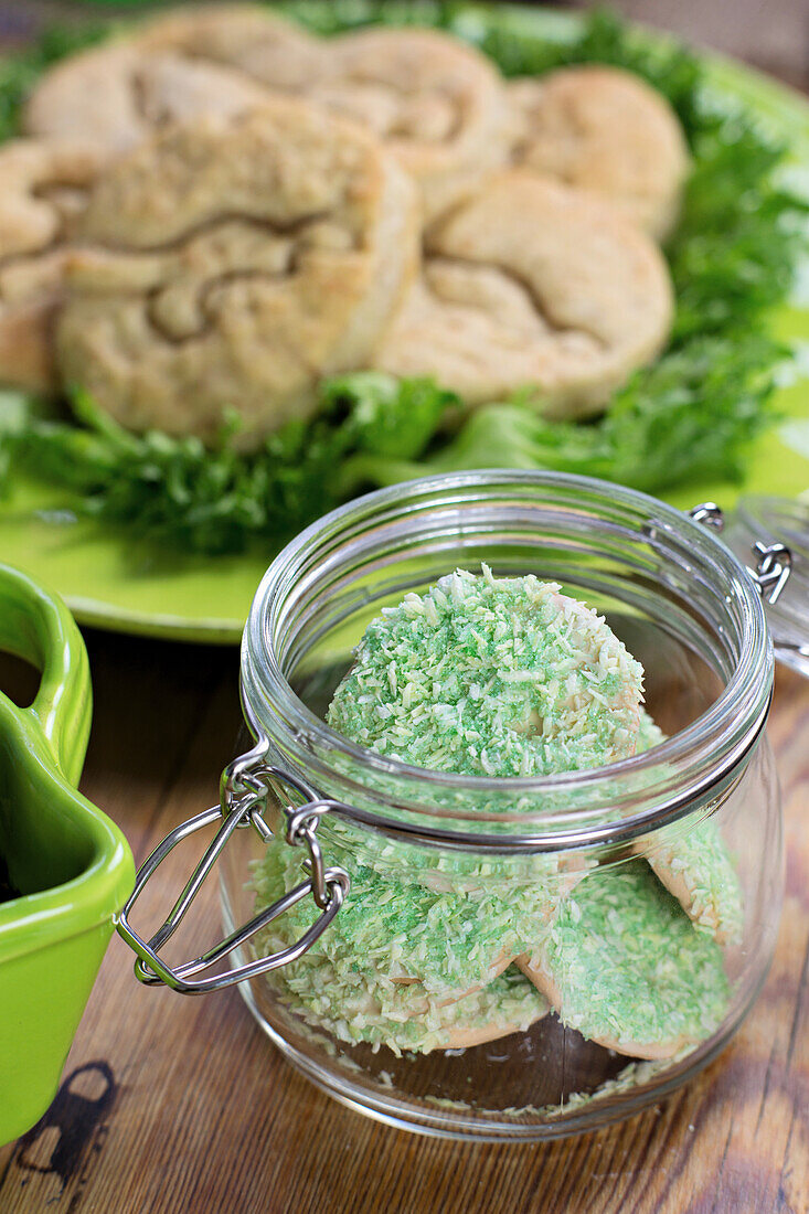Green biscuits for a dinosaur party