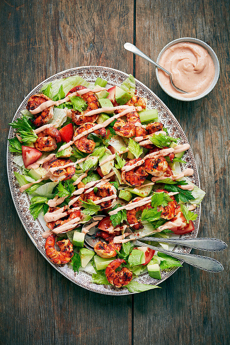 Grilled prawn salad with Bloody Mary dressing