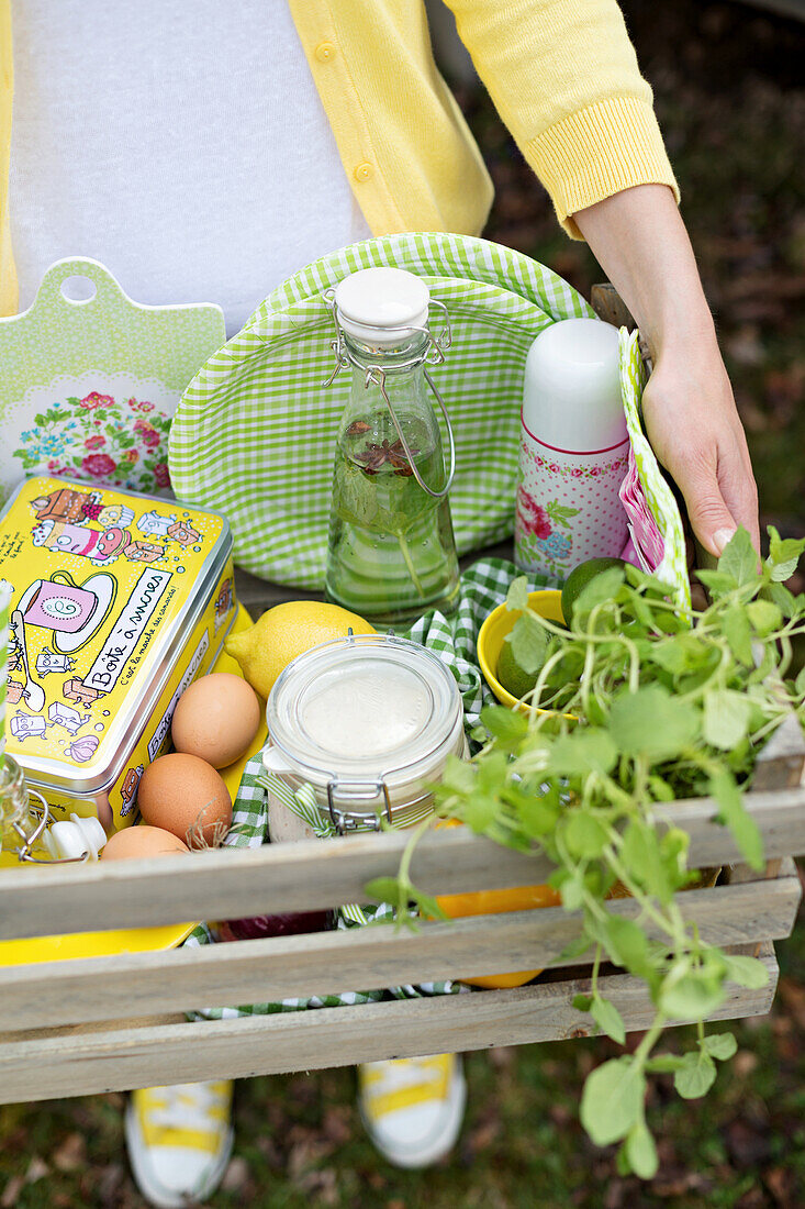 Picnic ingredients and utensils