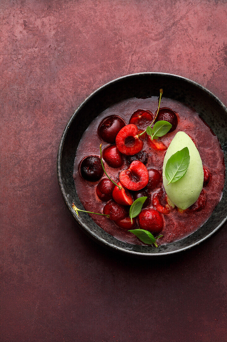 Cherry spice gazpacho with basil yoghurt sorbet