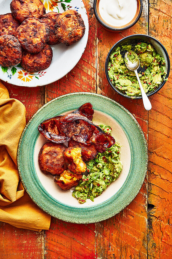 Sweet potato and corn cakes with tamarind bacon and avocado