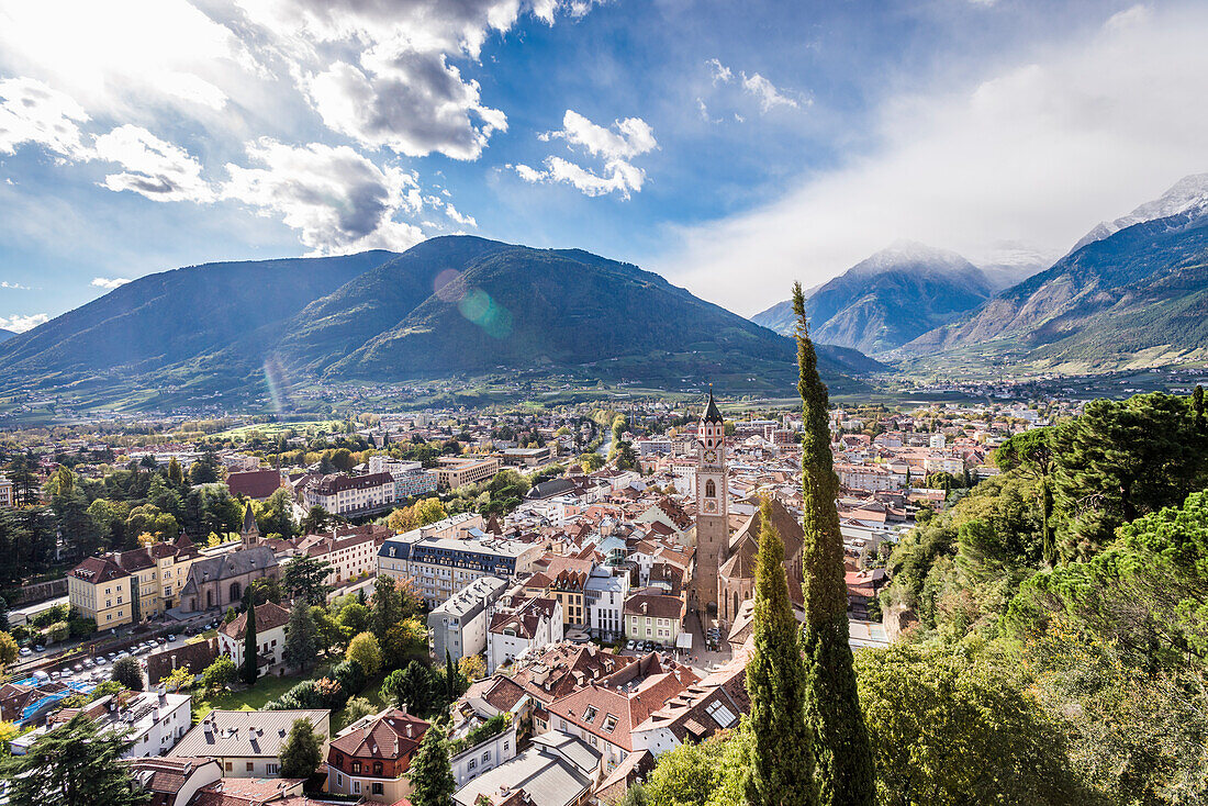 View of Merano from the Powder Tower on the Tappeinerweg, South Tyrol, Italy