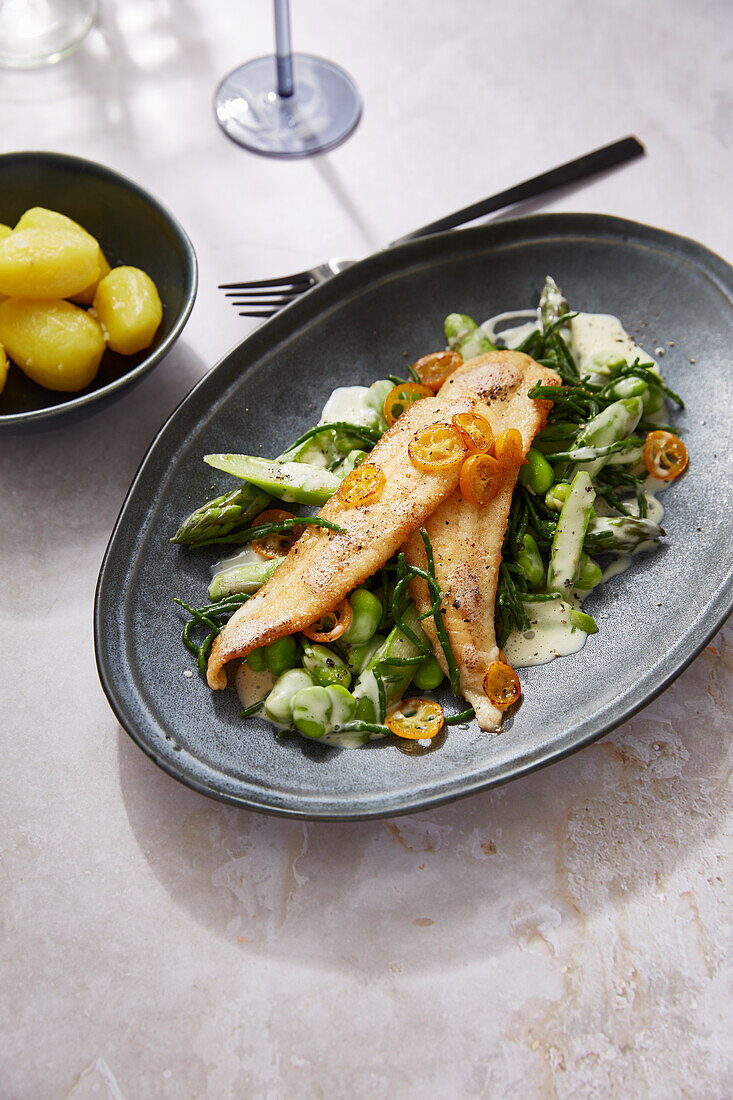 Seezungenfilet mit Kumquats, Spargel, Dicken Bohnen und Queller