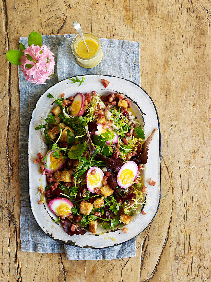 Egg, beetroot and bacon salad