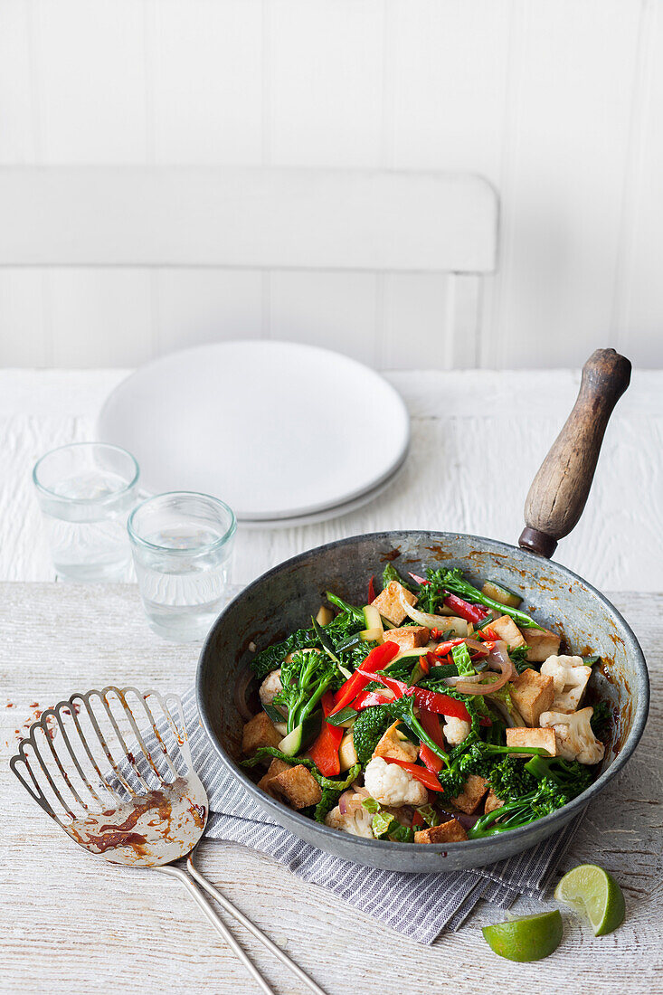 Tofu stirfry with broccolini, cauliflower and peppers