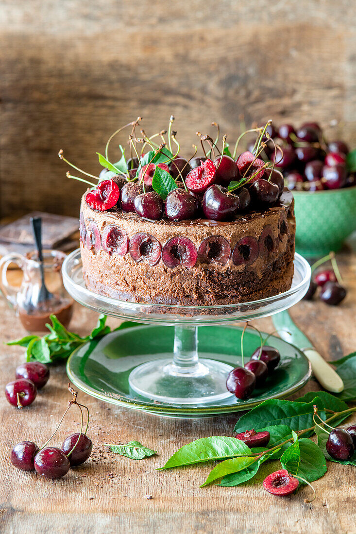 Chocolate mousse cake with cherries