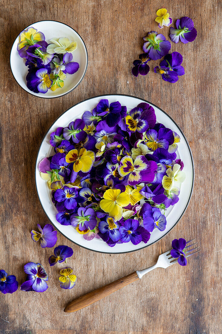 Viola-Blüten auf Teller