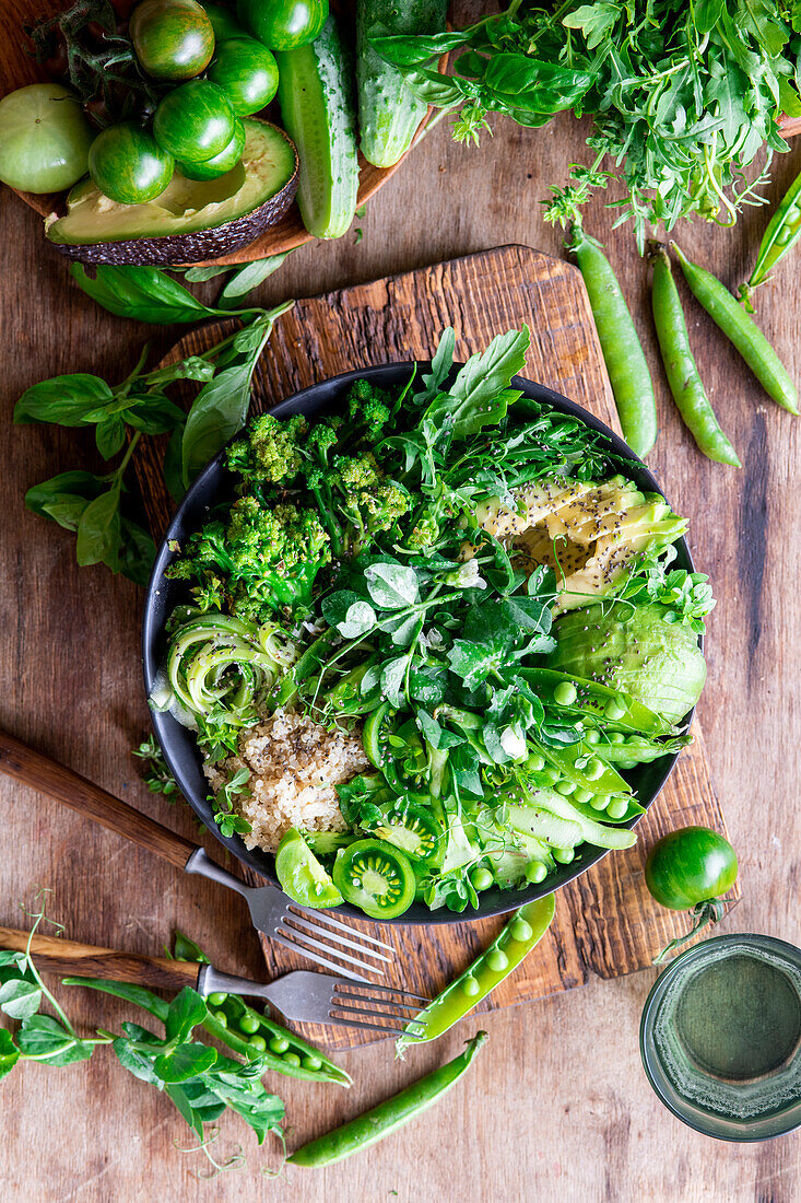 Healthy salad bowl with green vegetables