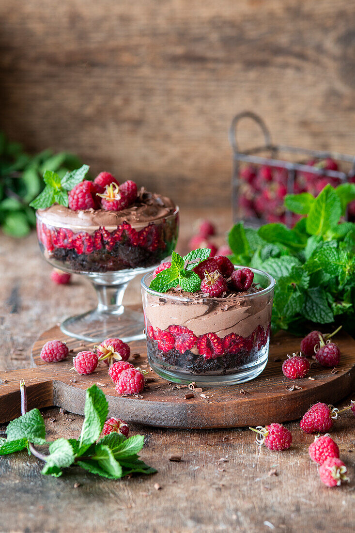 Raspberry chocolate mousse layered dessert