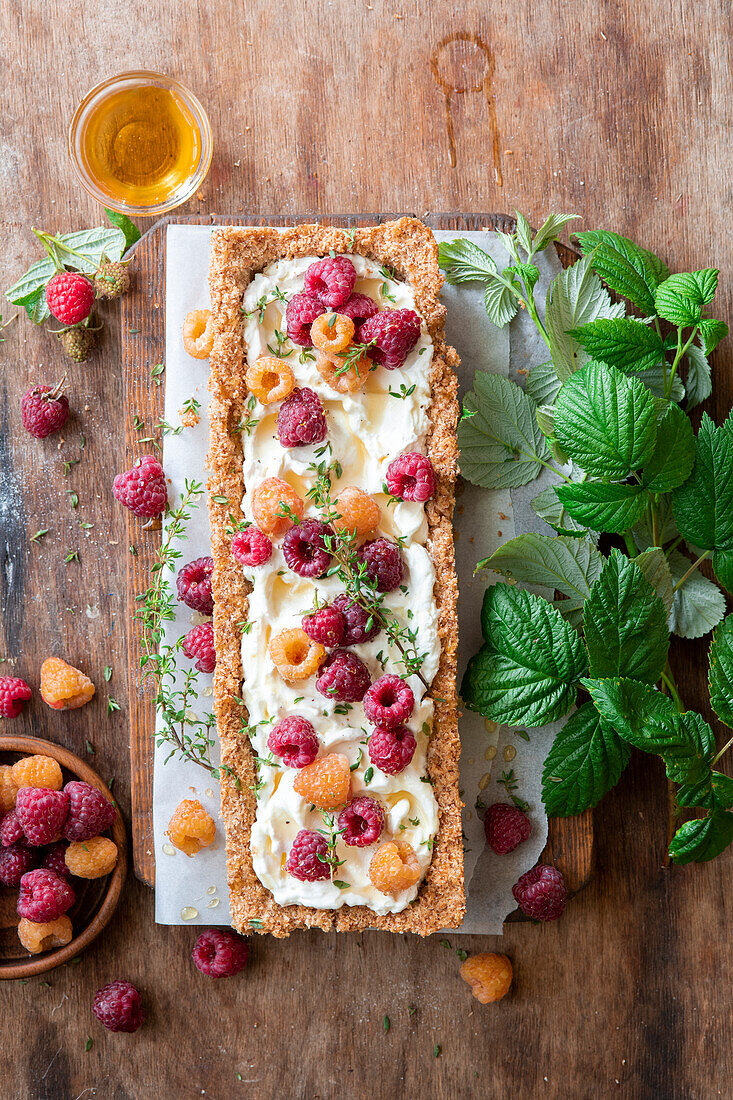 Coconut cream pie with raspberries