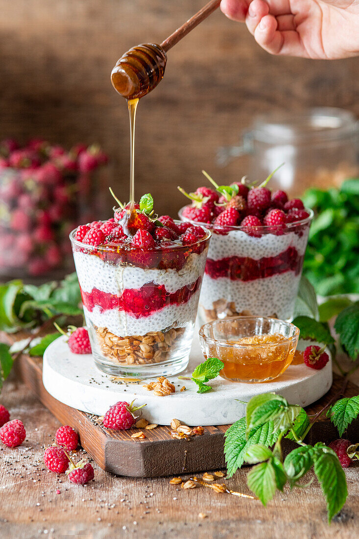 Raspberry chia pudding layer dessert